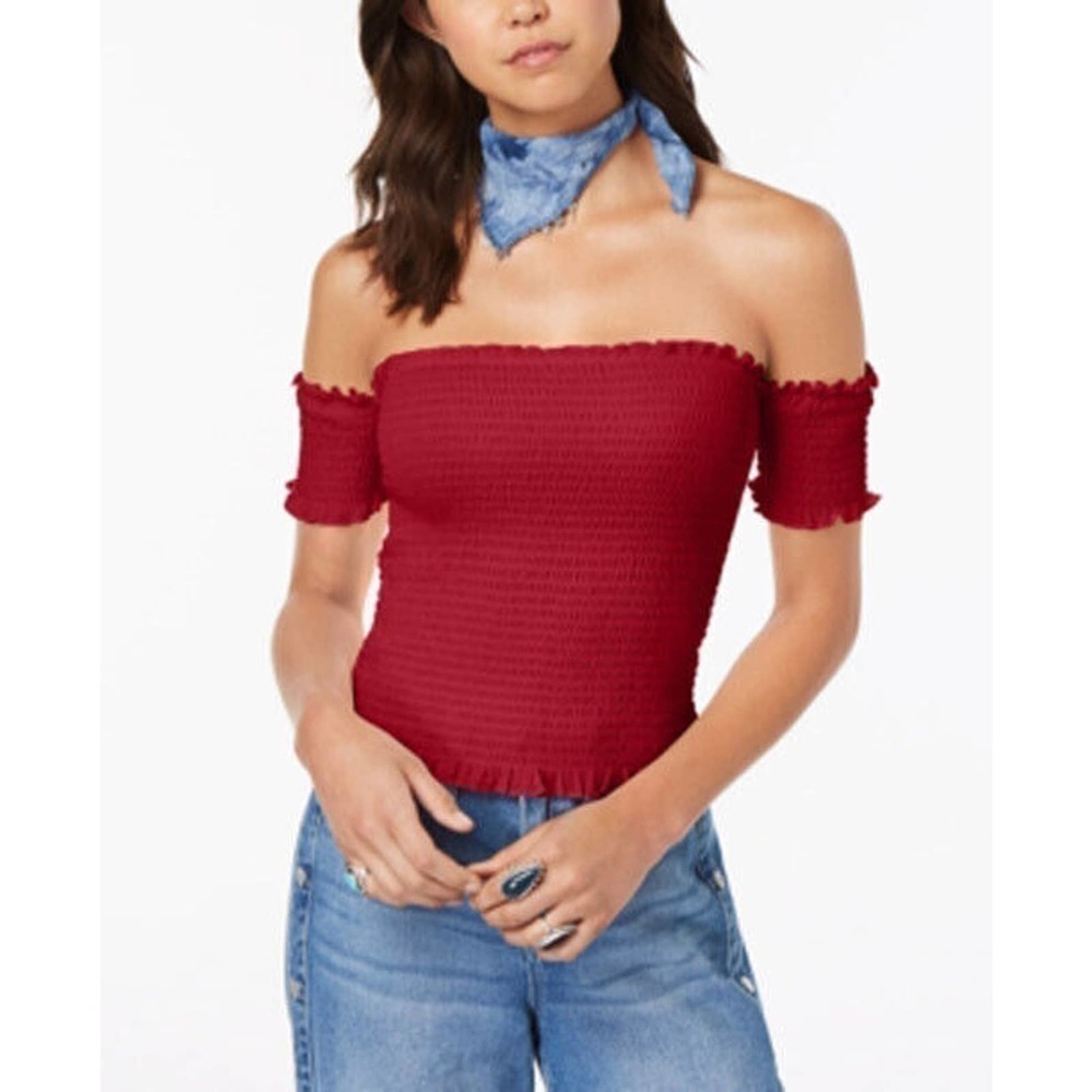 Jr9 Crave Fame Red Jr's Smocked OTS Crop Top - L